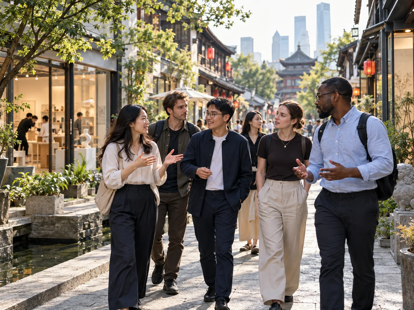 Adult learners exploring a Chinese cultural and entrepreneurial district together