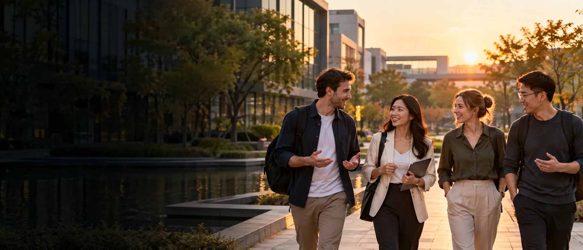International and Chinese adult learners walking together through a contemporary Chinese campus