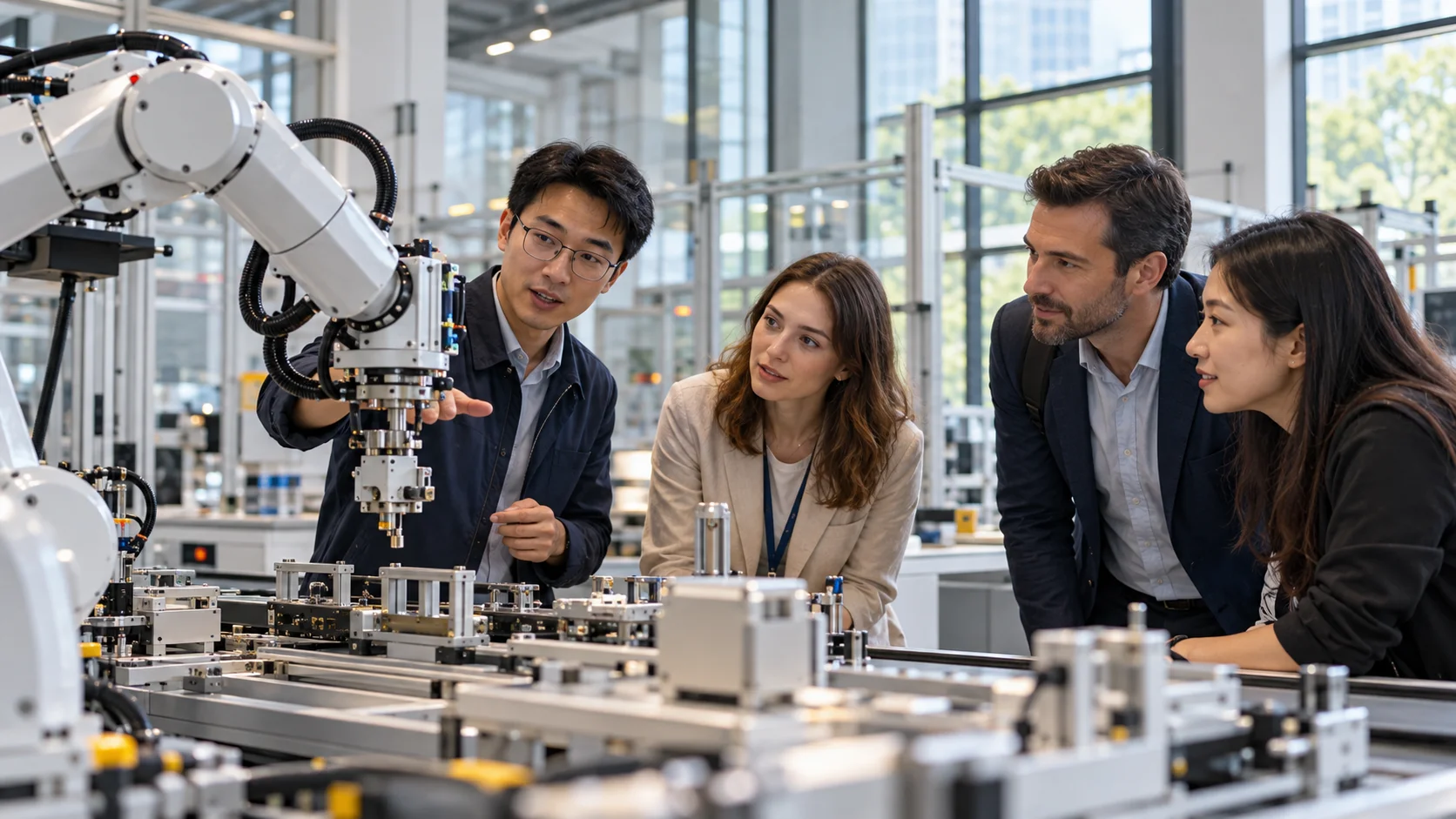 Adult learners observing a robotics and engineering demonstration in a contemporary Chinese applied-learning environment