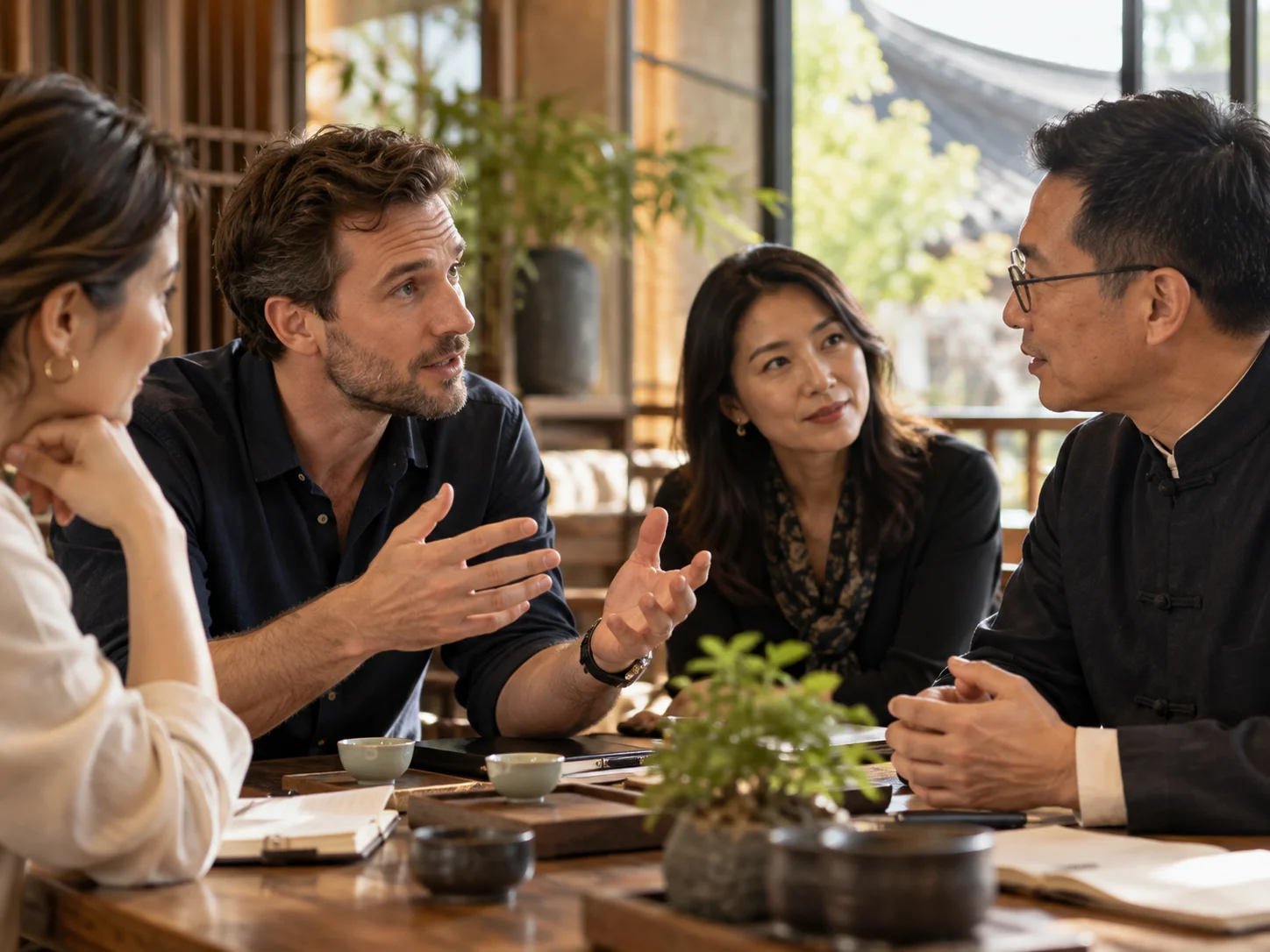 Adult learners in a thoughtful educational discussion in a contemporary Chinese setting