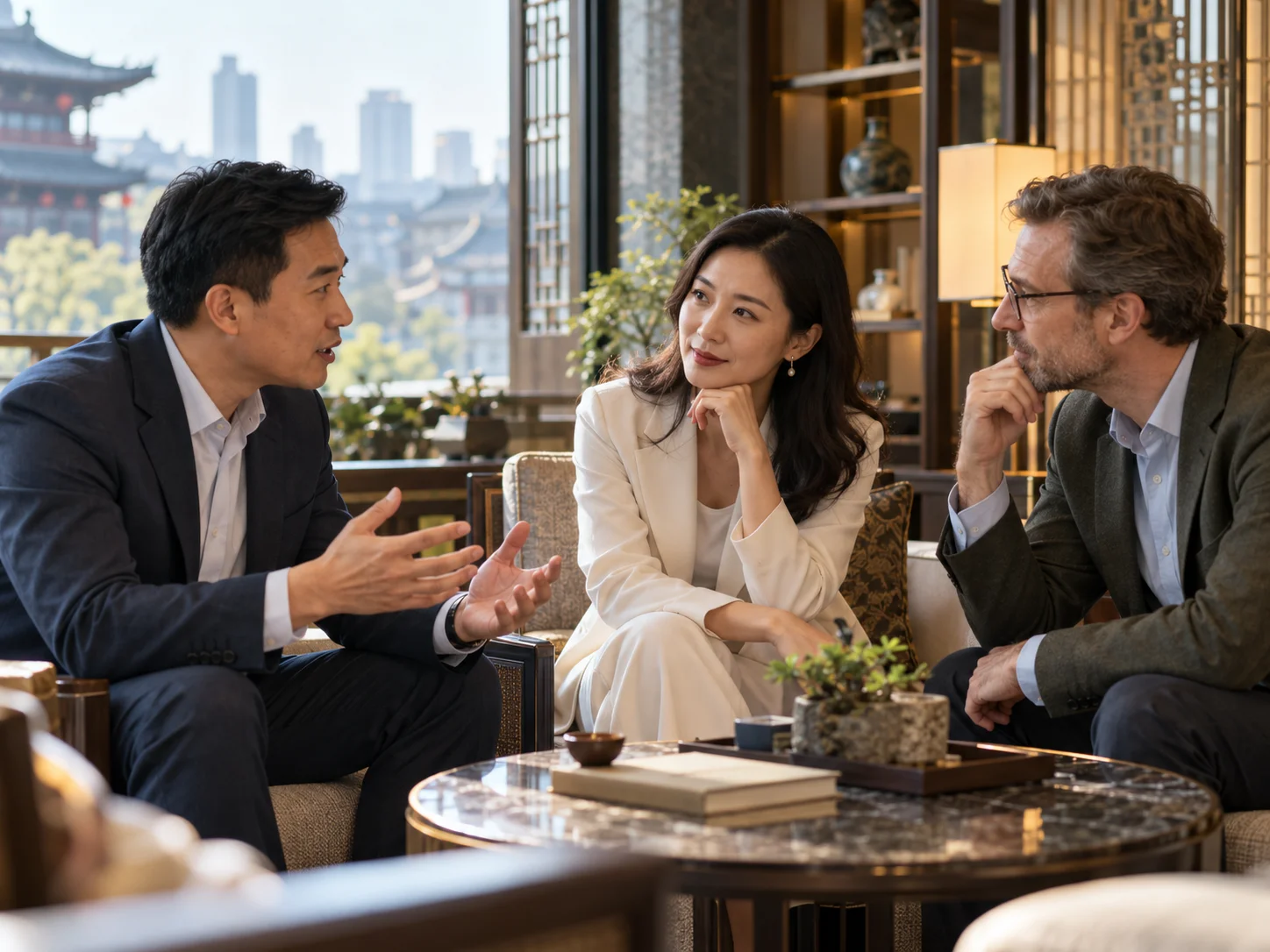 Chinese and international professionals thoughtfully discussing business perspectives