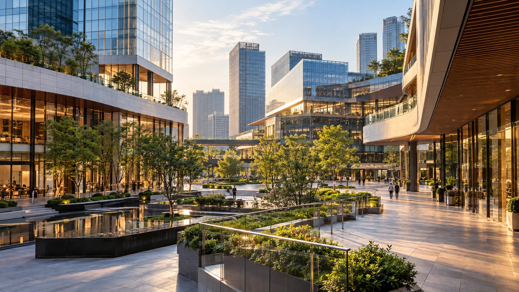 Contemporary Chinese business district with architecture and landscaped public space