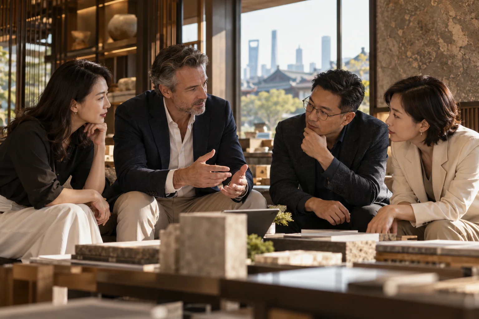 Professionals in China discussing business-related observations and examples
