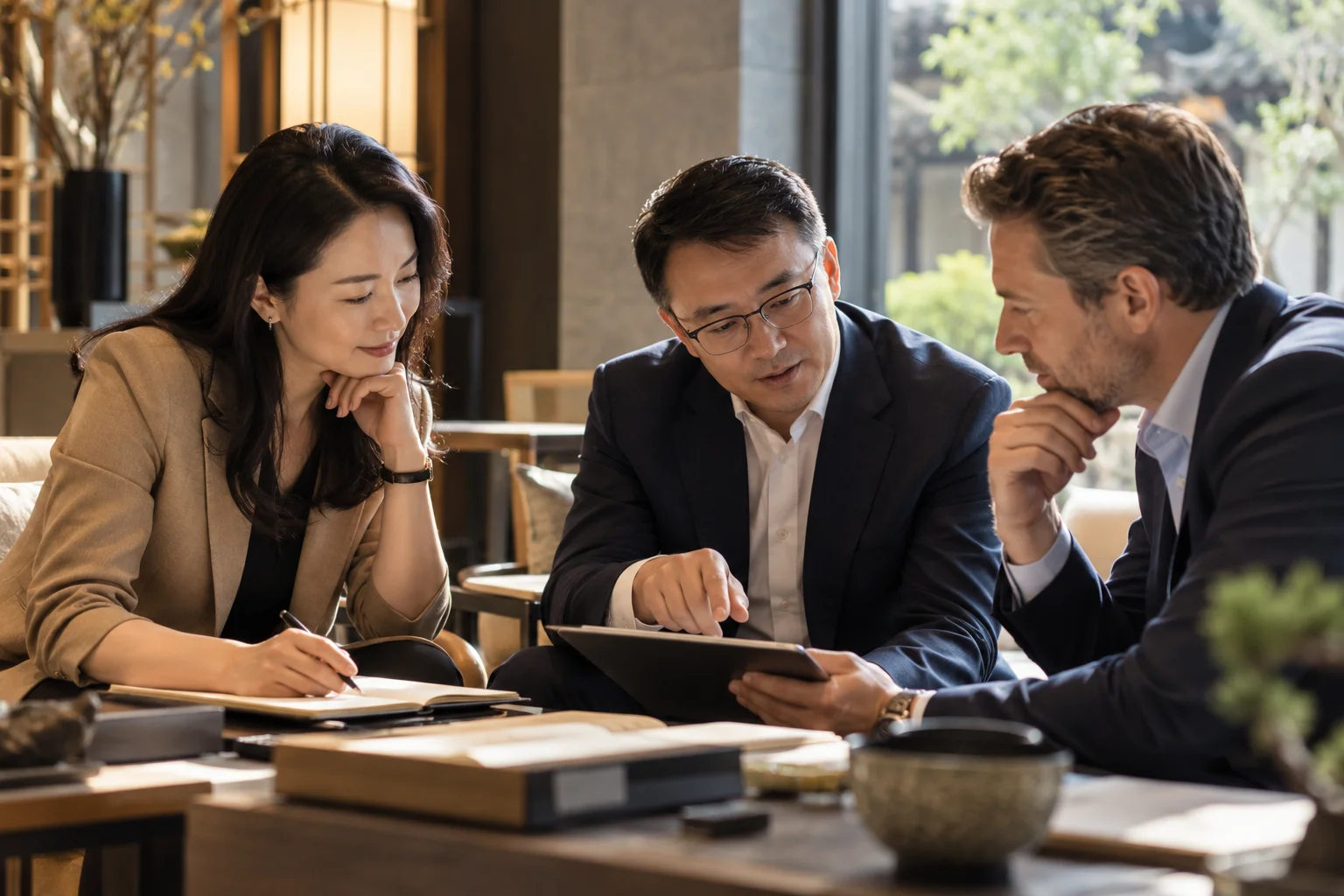 Professionals reviewing notes together after a reflective business conversation