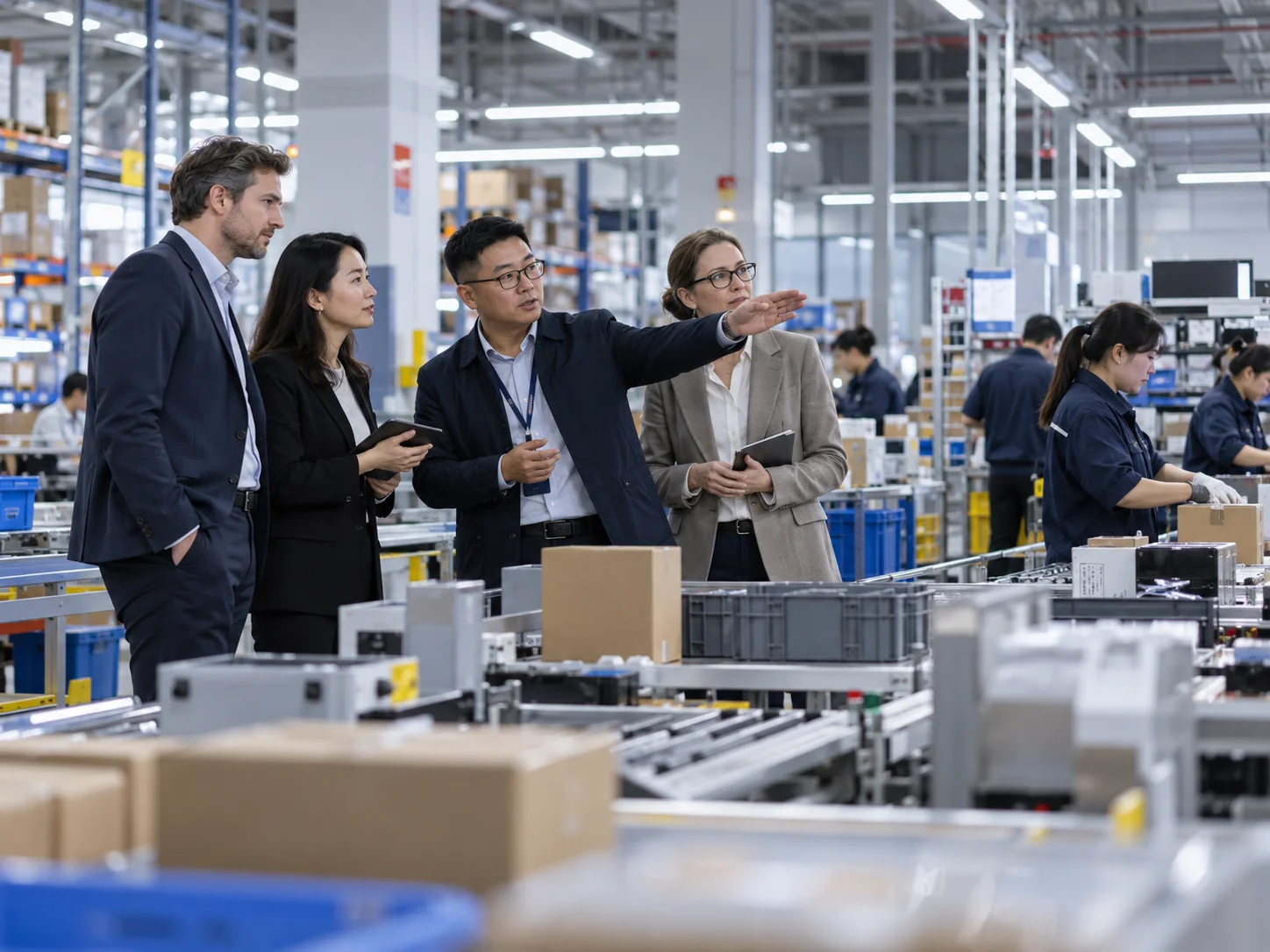 Professionals examining an operating environment and discussing business delivery