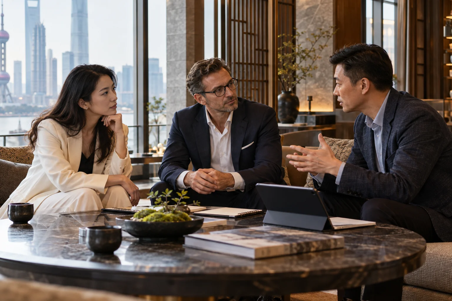 Adult professionals discussing business strategy around a table