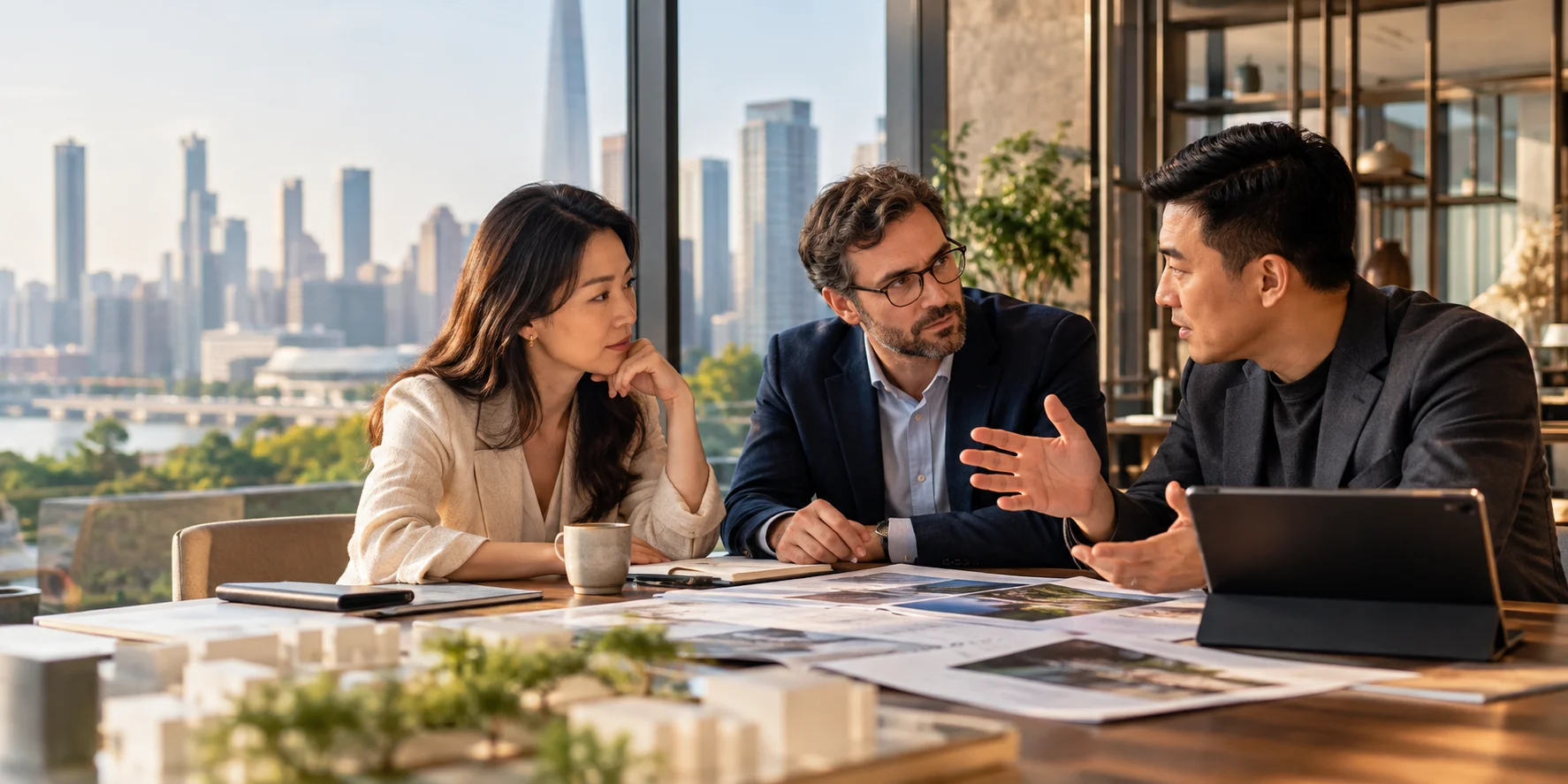 Professionals examining plans and discussing organisational growth