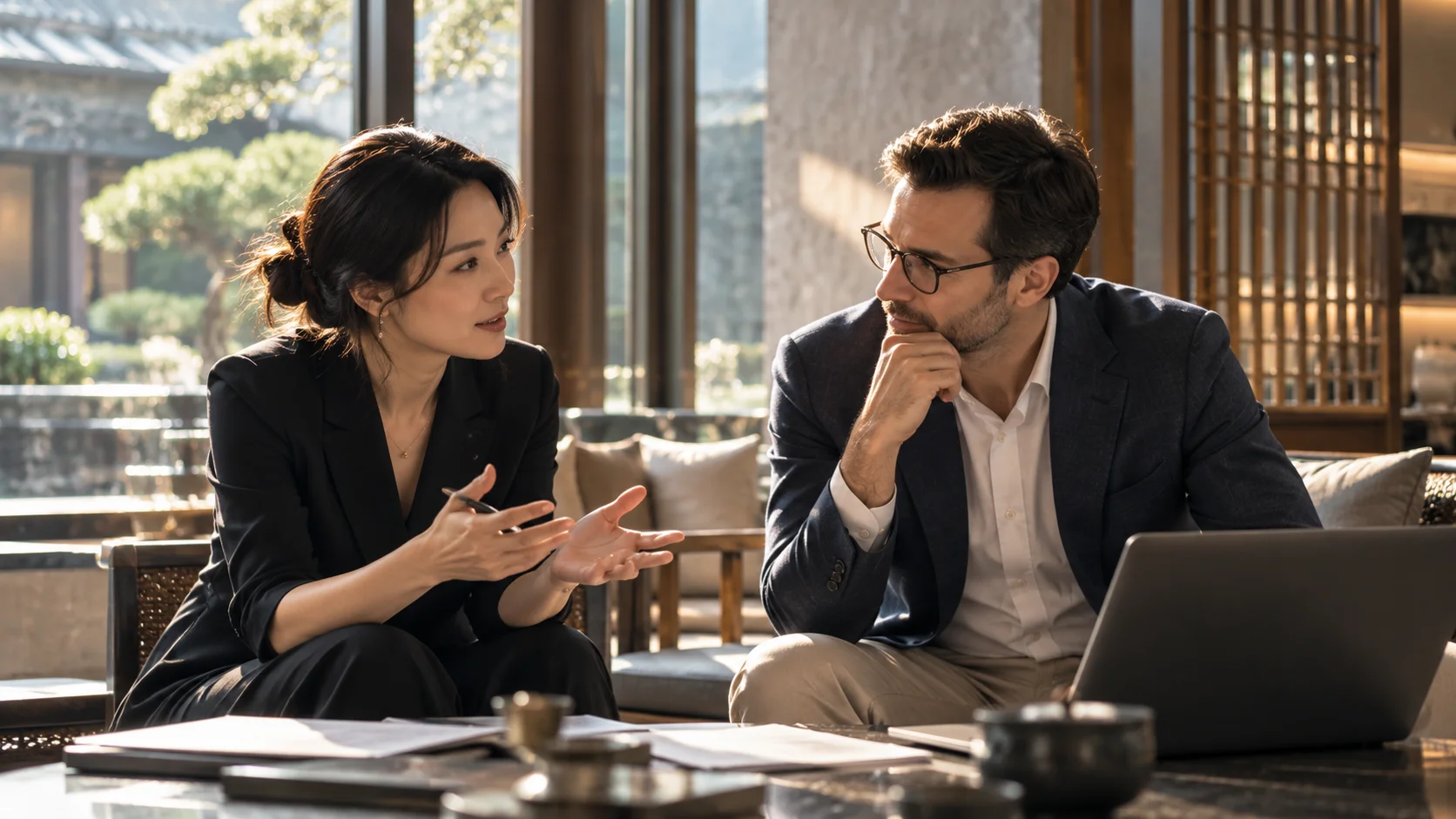 International and Chinese business professionals in a group discussion