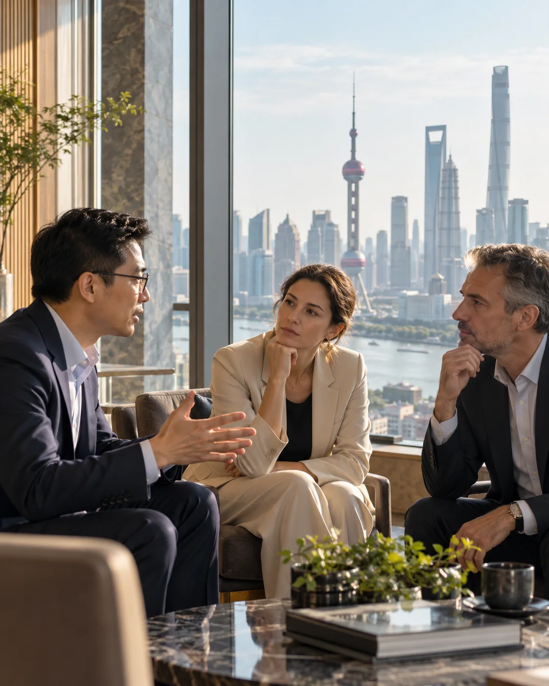 Professionals discussing a business perspective with a contemporary Chinese urban backdrop